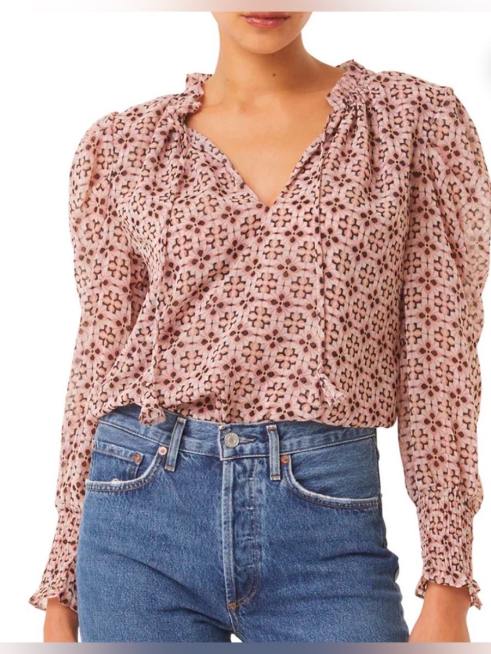MISA Los Angeles Siena Top in Warm Winter Tile | XS Romantic Ruffle Blouse